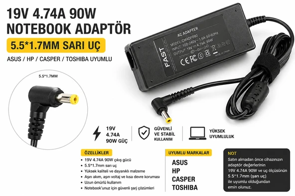 Acer Aspire Notebook 19v 4.74A (5.5,1.7 ) Adaptör, Sarj Aleti, CMADP0126 ürün görseli 1
