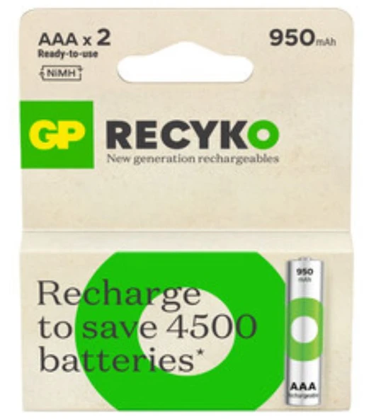 GP Recyko 950 mAh 1.2V AAA Boy NiMH İnce Şarjlı Pil 2'li ürün görseli 1