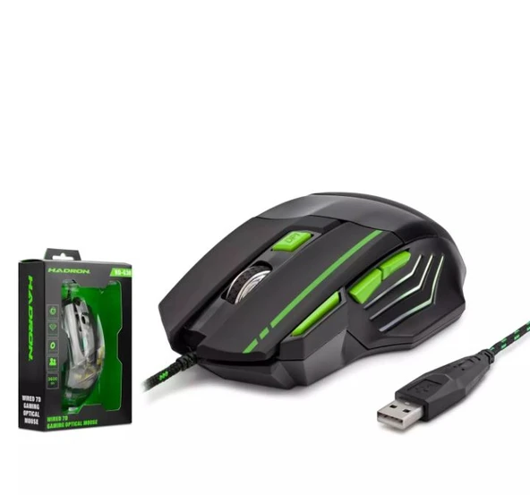 HADRON HDG30 OYUNCU MOUSE KABLOLU USB 600/3600 DPI LEDLİ 144CM (SİYAH-YEŞİL) ürün görseli 1