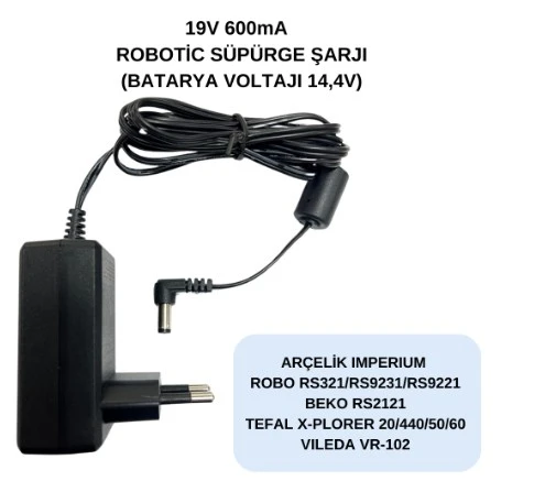 19V 600mA Robotik Süpürge Şarj Adaptörü Arçelik Beko Tefal RS3221 RS9231 RS9221 RS2121 Uyumlu ürün görseli 1