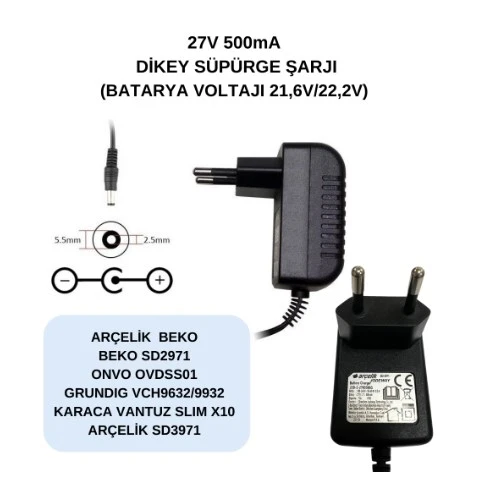 27v 500ma, Arçelik-Beko-Grundıg-Onvo Dikey Süpürge Şarjı Aleti, Adaptör SD2971-SD3971 ürün görseli 1