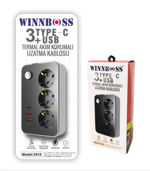 winnboss PRIZ AKIM KORUMA ( 3PRİZ 2 USB 1 TYPE C) 2m KARE TİP ürün görseli 1