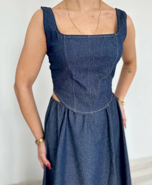 Kadın Denim Kare Yaka Bluz Mavi ürün görseli 1