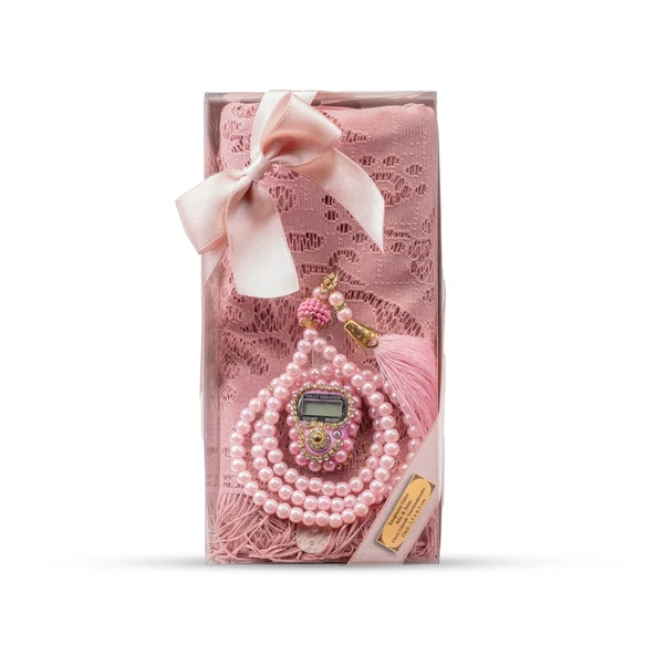 Tesbih + Dantelli Şal + Zikirmatik Hediye Seti (Kraft Asetat Kutulu, Pembe) ürün görseli 1