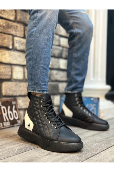 Byshoes BA0159 Bağcıklı Erkek Yüksek Taban Siyah Beyaz Spor Bot ürün görseli 1