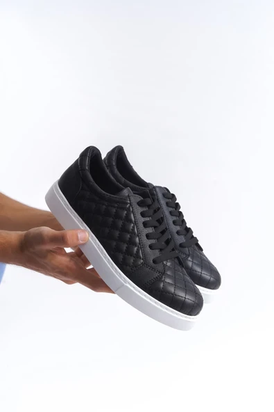 Arda SLW166 Prestige Bağcıklı Cilt Kapitone Desenli Erkek Günlük Sneaker Ayakkabı BT Siyah ürün görseli 1