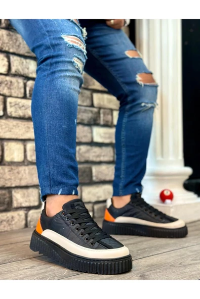 Byshoes BA0801 BOA Yüksek Taban Siyah Paraşüt Kumaş Turuncu Cilt Detaylı Erkek Ayakkabı ürün görseli 1