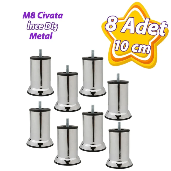 8 Adet Metal Destek Ayağı 10 Cm Krom Mobilya Kanepe Baza Koltuk Ünite Ayakları Metrik 8 Civatalı İnce Diş ürün görseli 1