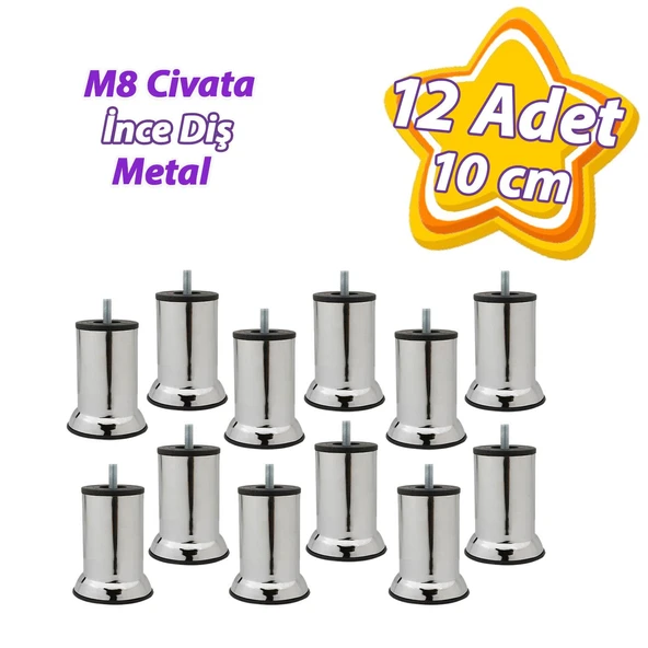 12 Adet Metal Destek Ayağı 10 Cm Krom Mobilya Kanepe Baza Koltuk Ünite Ayakları Metrik 8 Civatalı İnce Diş ürün görseli 1