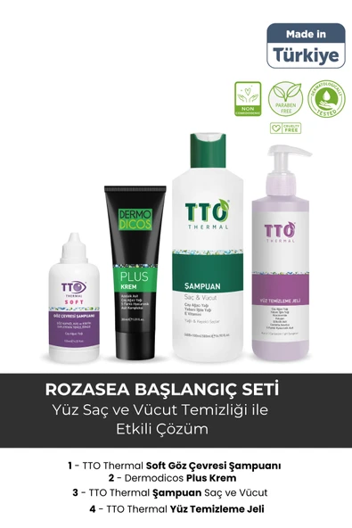 TTO Rozasea Başlangıç Seti 1 (TTO Saç ve Vücut Şampuanı, TTO Yüz Temizleme Jeli, Dermodicos Plus, TTO Soft Göz Şampuanı) ürün görseli 1