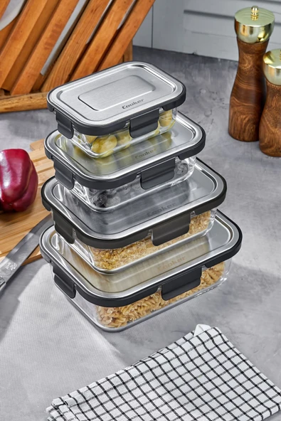 Cooker 4'lü Paslanmaz Çelik Kapaklı Cam Saklama Kabı Seti  Sızdırmaz, Hava Geçirmez ürün görseli 1