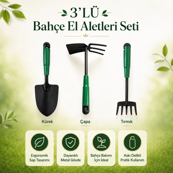 Hobi Çapa Tırmık 3'lü Set Metal Bahçe Tarla Çim Peyzaj Bitki Çiçek Ekme Toprak İşleme Küreği Küçük ürün görseli 1