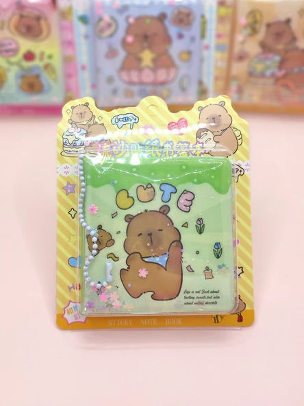 Capybara Sulu Pullu Anahtarlıklı Stickerlı Kapibara Not Defteri (7,5x7,5 cm) - Cute ürün görseli 1