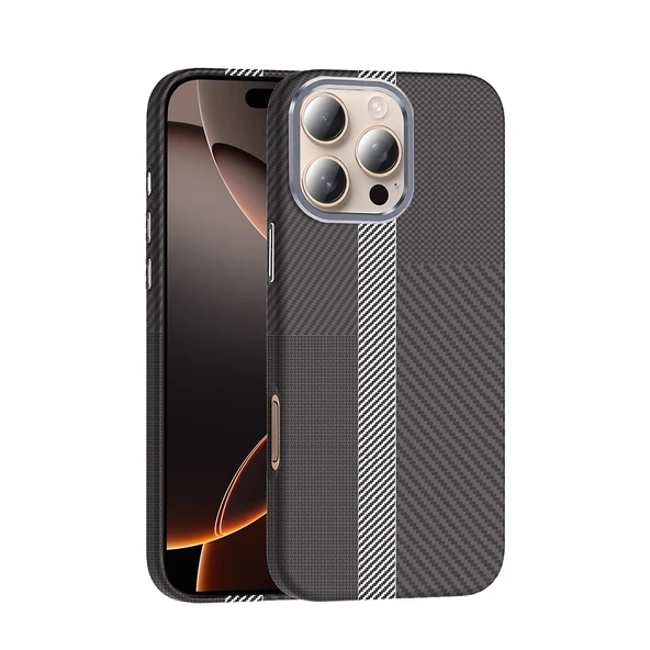 iPhone 16 Pro Kılıf Kablosuz Şarj Özellikli Karbon Fiber Görünümlü Gros Kapak ürün görseli 1