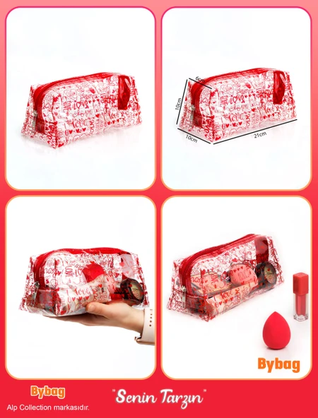 Love Aşk Sevgi Desenli Renkli Şeffaf PVC Makyaj Seyahat Kozmetik Ecza Bebek Deniz Çantası ürün görseli 1