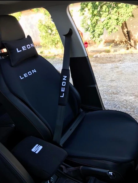 SEAT LEON Nakışlı Ön İkili Oto Koltuk Minderi 2 Adet Boyun Yastığı 2 Adet Kemer Pedi SİYAH ürün görseli 1