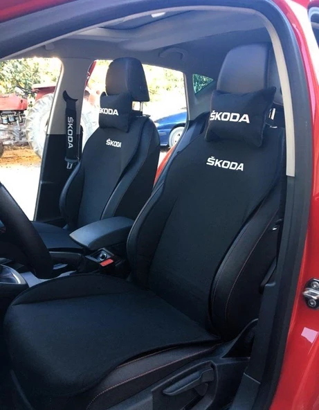 SKODA Nakışlı Ön İkili Oto Koltuk Minderi 2 Adet Boyun Yastığı 2 Adet Kemer Pedi SİYAH ürün görseli 1