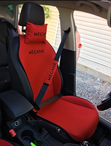 RENAULT MEGANE Nakışlı Ön İkili Oto Koltuk Minderi 2 Adet Boyun Yastığı 2 Adet Kemer Pedi KIRMIZI ürün görseli 1