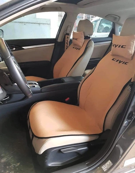 Honda Cıvıc Nakışlı Ön İkili Oto Koltuk Minderi 2 Adet Boyun Yastığı 2 Adet Kemer Pedi KREM ürün görseli 1