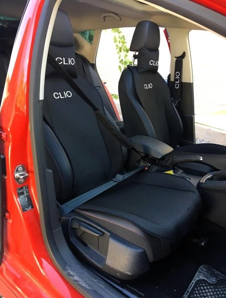 Renault Clio Nakışlı Ön İkili Oto Koltuk Minderi 2 Adet Boyun Yastığı 2 Adet Kemer Pedi SİYAH ürün görseli 1