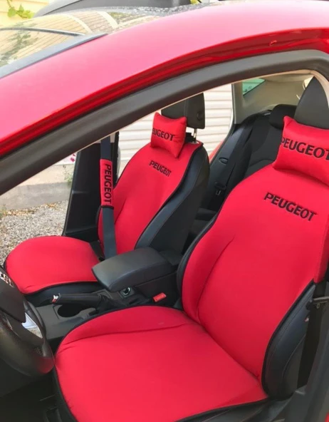 PEUGEOT Nakışlı Ön İkili Oto Koltuk Minderi 2 Adet Boyun Yastığı 2 Adet Kemer Pedi KIRMIZI ürün görseli 1