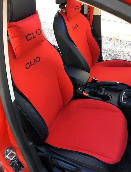 Renault Clio Nakışlı Ön İkili Oto Koltuk Minderi 2 Adet Boyun Yastığı 2 Adet Kemer Pedi KIRMIZI ürün görseli 1