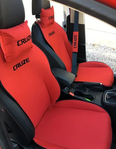 CHEVROLET CRUZE Nakışlı Ön İkili Oto Koltuk Minderi 2 Adet Boyun Yastığı 2 Adet Kemer Pedi KIRMIZI ürün görseli 1
