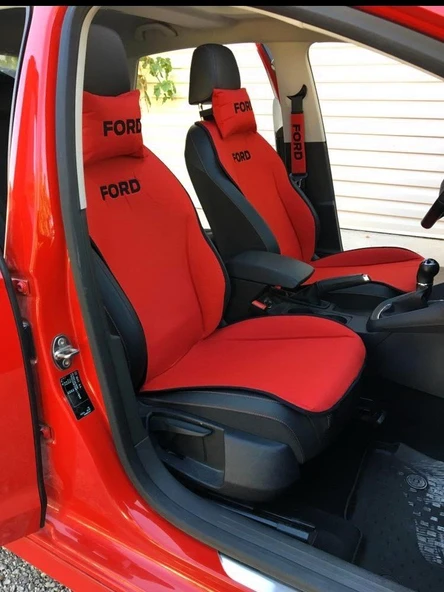 FORD Nakışlı Ön İkili Oto Koltuk Minderi 2 Adet Boyun Yastığı 2 Adet Kemer Pedi KIRMIZI ürün görseli 1