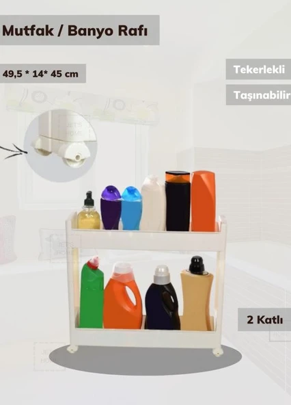 2 Katlı Mutfak Rafı Tekerlekli Organizer Dar Banyo Düzenleyici Motek Beyaz Banyo Rafı ürün görseli 1