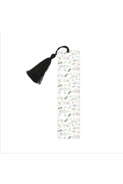 Bisikletli Desen Baskılı, Püsküllü Kitap Ayracı (Bookmark,ayraç-133) ürün görseli 1