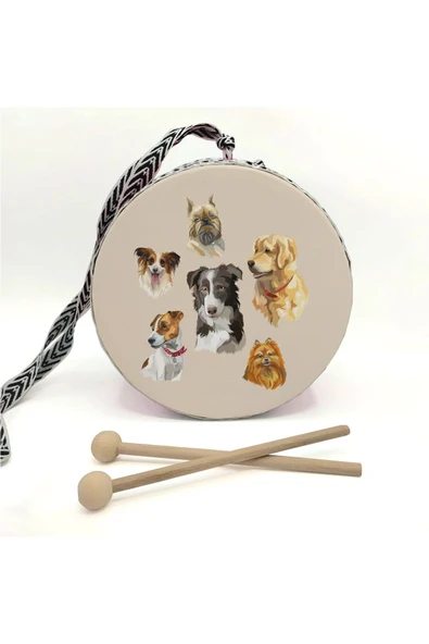 Köpekler Baskılı Deri Oyuncak Çocuk Davulu Turuncu( 2-5 Yaş) - Resim 2