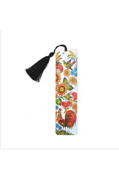 Horozlu Desen Baskılı, Püsküllü Kitap Ayracı (hediyelik Bookmark,ayraç-120) ürün görseli 1