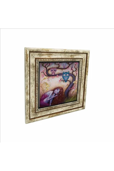 Baykuşlar ve kız Baskılı Taş Tablo 25X25 ürün görseli 1