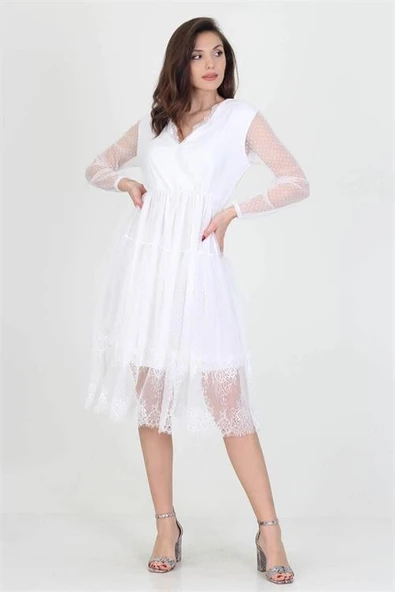 Neseli butik kruvaze yaka eteği güpür detaylı yeni sezon elbise DP0010 ürün görseli 1