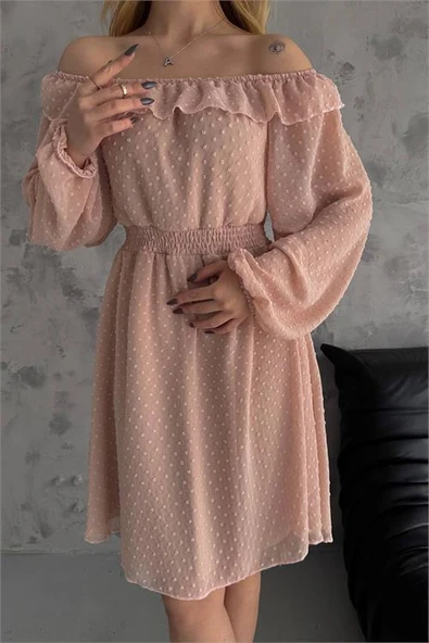 Dipmoda kadın camel madonna yaka mini ponpon şifon elbise DPK2057 ürün görseli 1