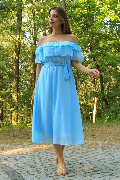 Dipmoda kadın bebe mavisi kuşaklı madonna yaka baby shower elbise DP8060 ürün görseli 1