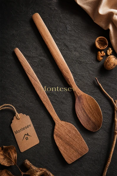 Doğal Ceviz Ağacı Ahşap Tahta Kaşık Spatula Seti Ağaç Kaşık (2li Set) A3 ürün görseli 1