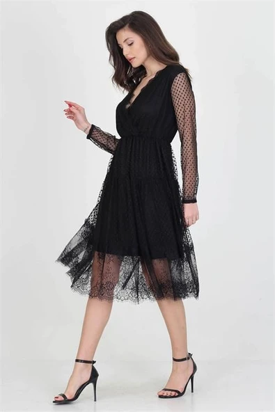 Neseli butik kruvaze yaka eteği güpür detaylı yeni sezon elbise DP0010 ürün görseli 1