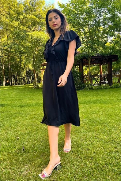 kadın siyah yaka ve kolları fırfırlı bağlama detaylı ayrobin elbise DP10050 ürün görseli 1