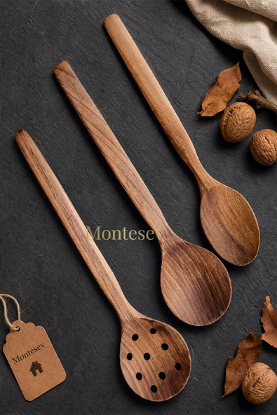Doğal Ceviz Ağacı Ahşap Tahta Kaşık Spatula Kevgir Çatal Seti Ağaç Kaşık (3 lü Set) A4 ürün görseli 1