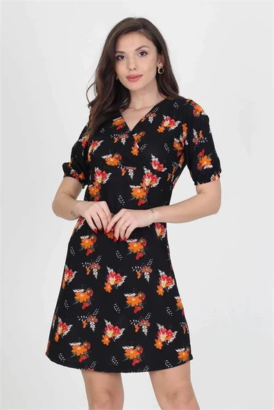 Dipmoda kadın kruvaze yaka çiçek desenli örme krep mini elbise DP10022 ürün görseli 1