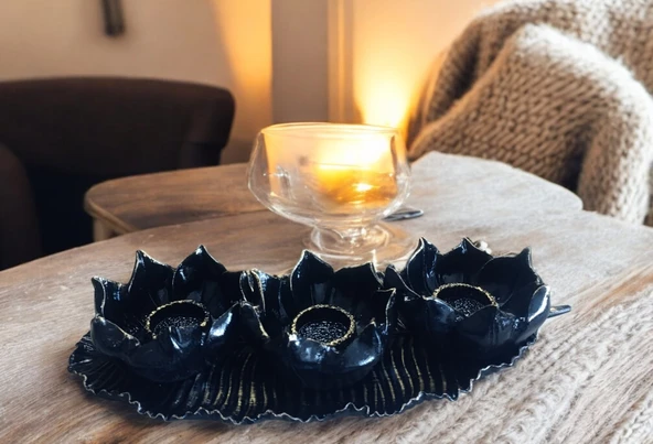 SİYAH RENK kırılmaz polyester,3 lü mumluk biblo ürün görseli 1