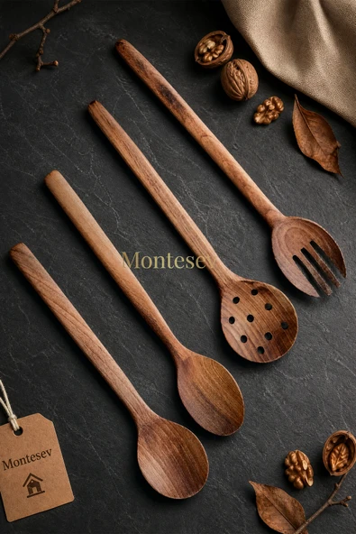 Doğal Ceviz Ağacı Ahşap Tahta Kaşık Spatula Kevgir Çatal Seti Ağaç Kaşık (4 Lü Set) Mta2 ürün görseli 1