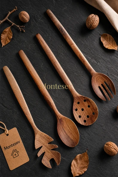 Doğal Ceviz Ağacı Ahşap Tahta Kaşık Spatula Kevgir Çatal Seti Ağaç Kaşık (4 lü Set) A11 ürün görseli 1