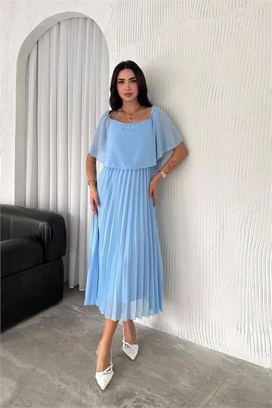 Dipmoda kadın madonna yaka piliseli şifon elbise DPK2099 ürün görseli 1