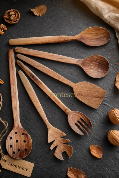 Doğal Ceviz Ağacı Ahşap Tahta Kaşık Spatula Kevgir Çatal Seti Ağaç Kaşık (6 lı Set) Cvz-236 ürün görseli 1