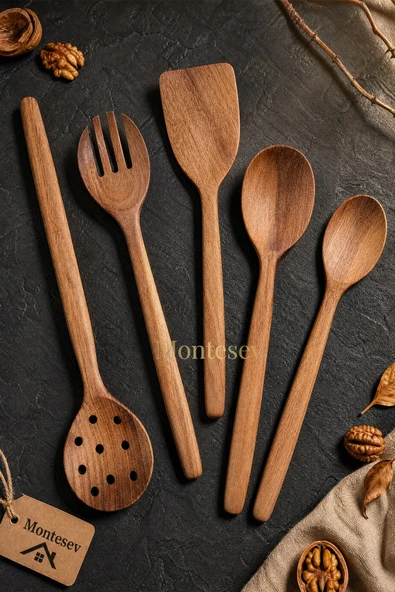 Doğal Ceviz Ağacı Ahşap Tahta Kaşık Spatula Kevgir Çatal Seti Ağaç Kaşık (5 li Set) A13 ürün görseli 1
