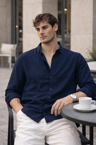 Scott – Soft Dokulu Yarım Oversize Modern Keten Görünümlü Erkek Gömlek- Lacivert ürün görseli 1