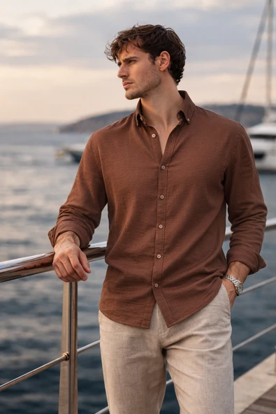Scott – Soft Dokulu Yarım Oversize Modern Keten Görünümlü Erkek Gömlek- Kahve ürün görseli 1