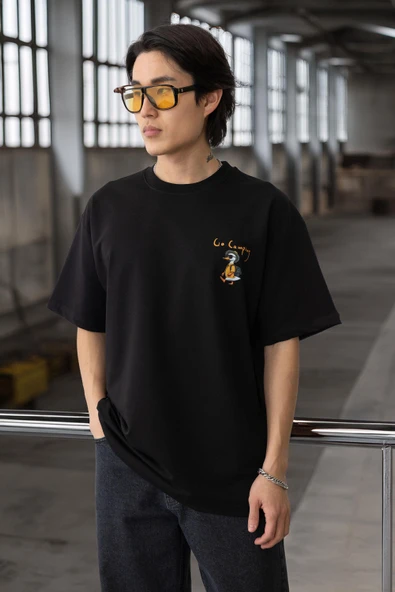 Cep Baskılı İki İplik Kumaş Pamuklu Oversize Erkek T-Shirt - Siyah ürün görseli 1